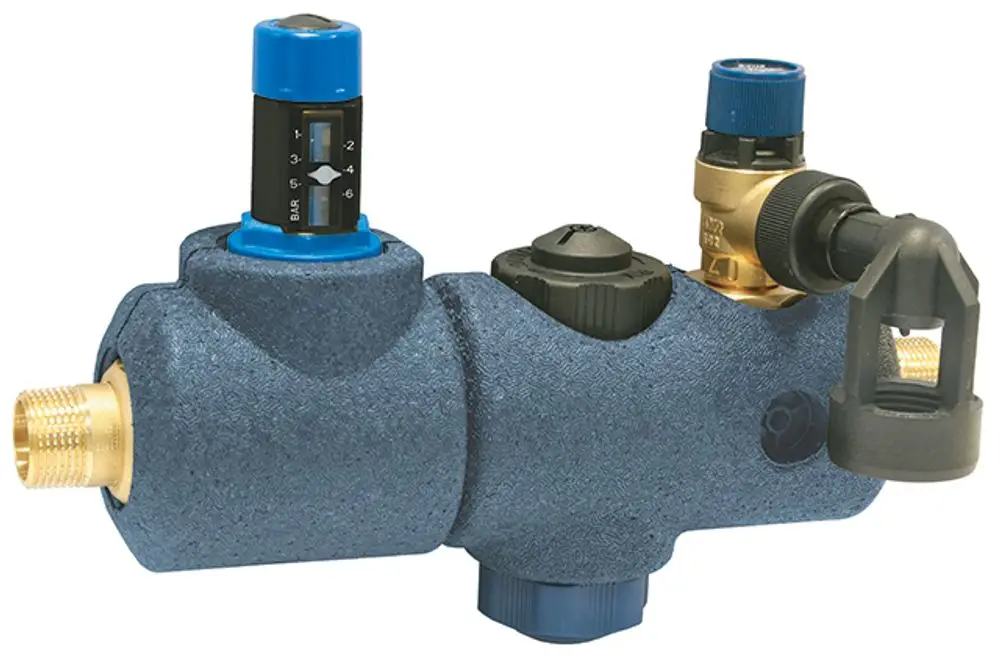 Syr Sicherheitsgruppe mit Druckregelung, Absperrventilen und Filter. Das Produkt hat eine robuste Bauform und ist für Installationen in Rohrleitungen gedacht.